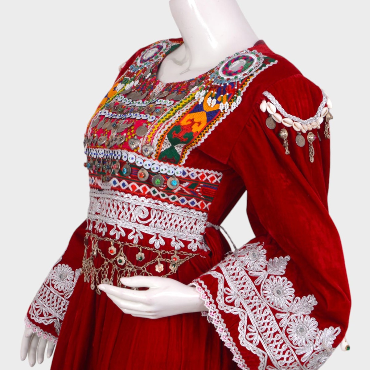 Red & Green Traditional Afghani Dress Set with Embroidery and Coin Detailing 1