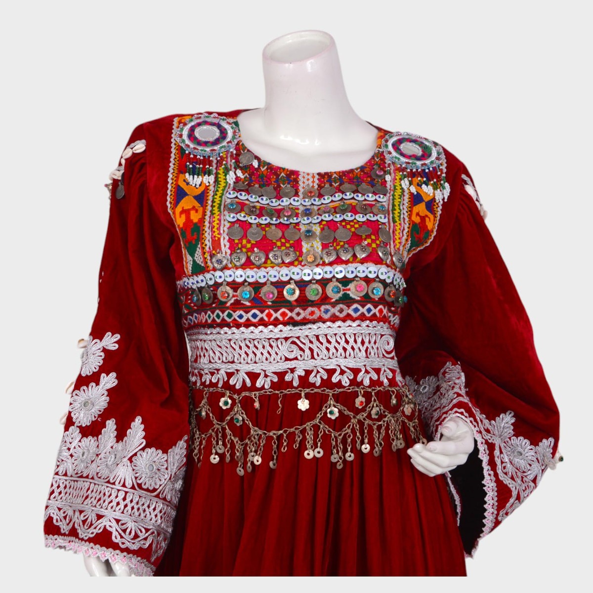 Red & Green Traditional Afghani Dress Set with Embroidery and Coin Detailing 3