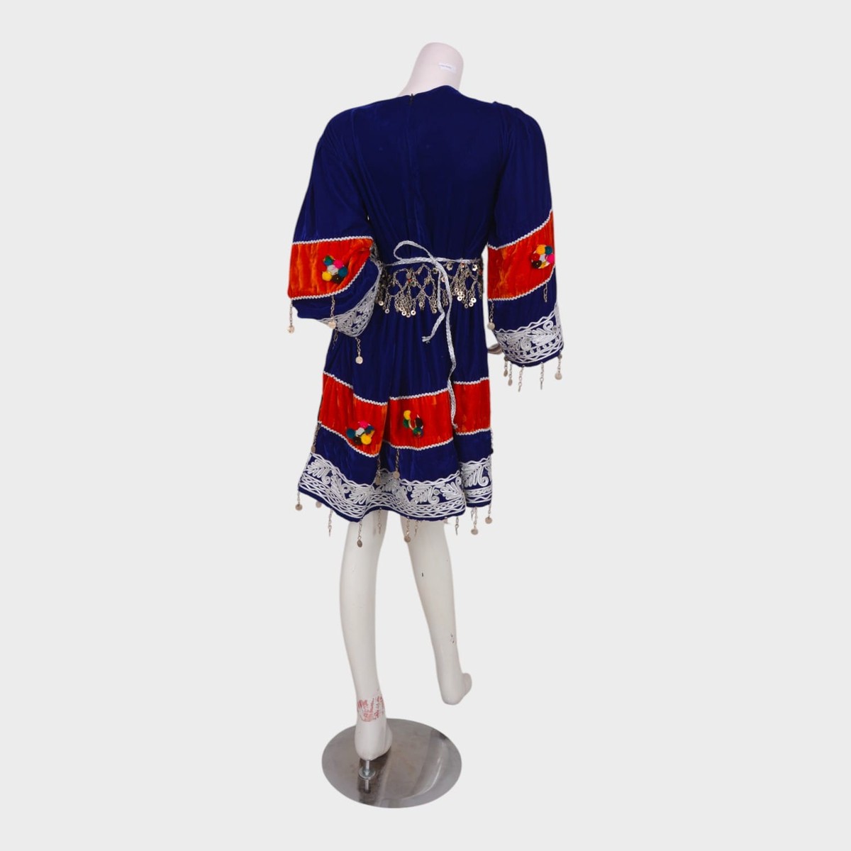 Short Blue & Red Afghani Velvet Dress with White Embroidery and Coin Details 1