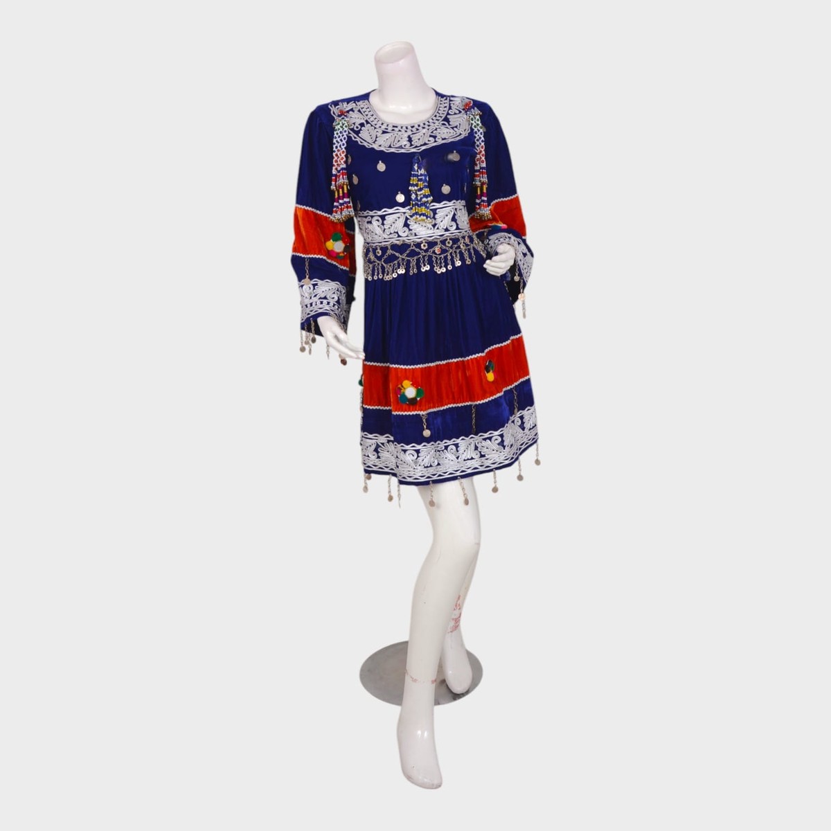 Short Blue & Red Afghani Velvet Dress with White Embroidery and Coin Details 3
