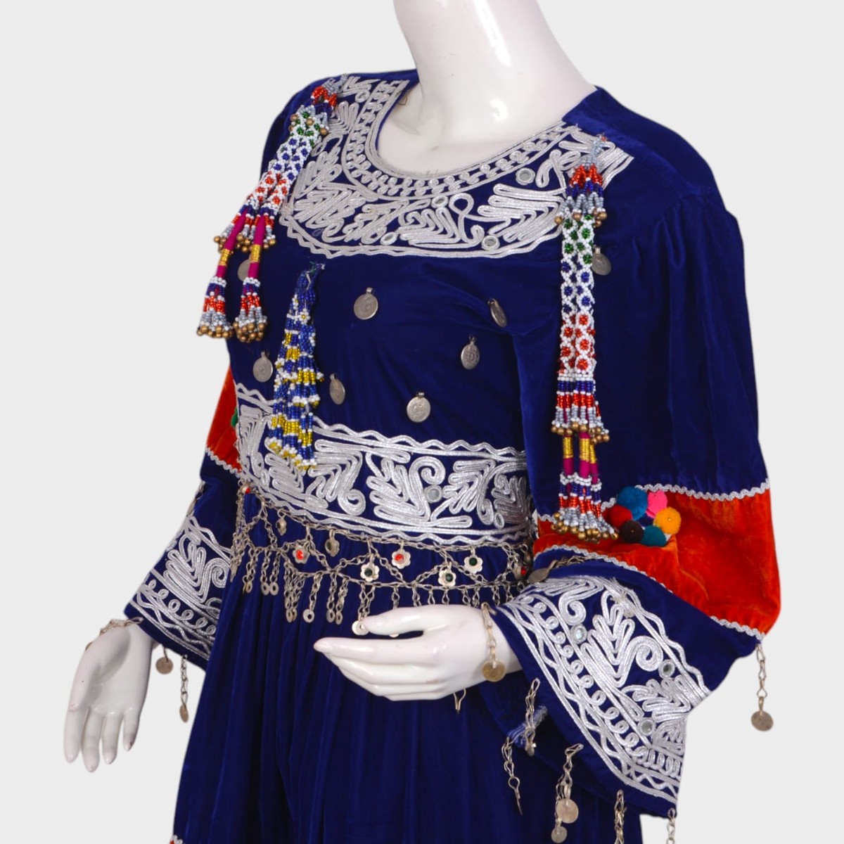 Short Blue & Red Afghani Velvet Dress with White Embroidery and Coin Details 2