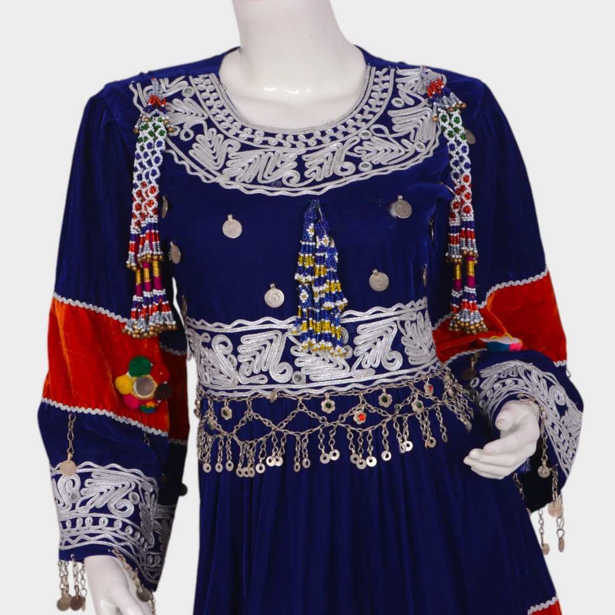 Short Blue & Red Afghani Velvet Dress with White Embroidery and Coin Details 4