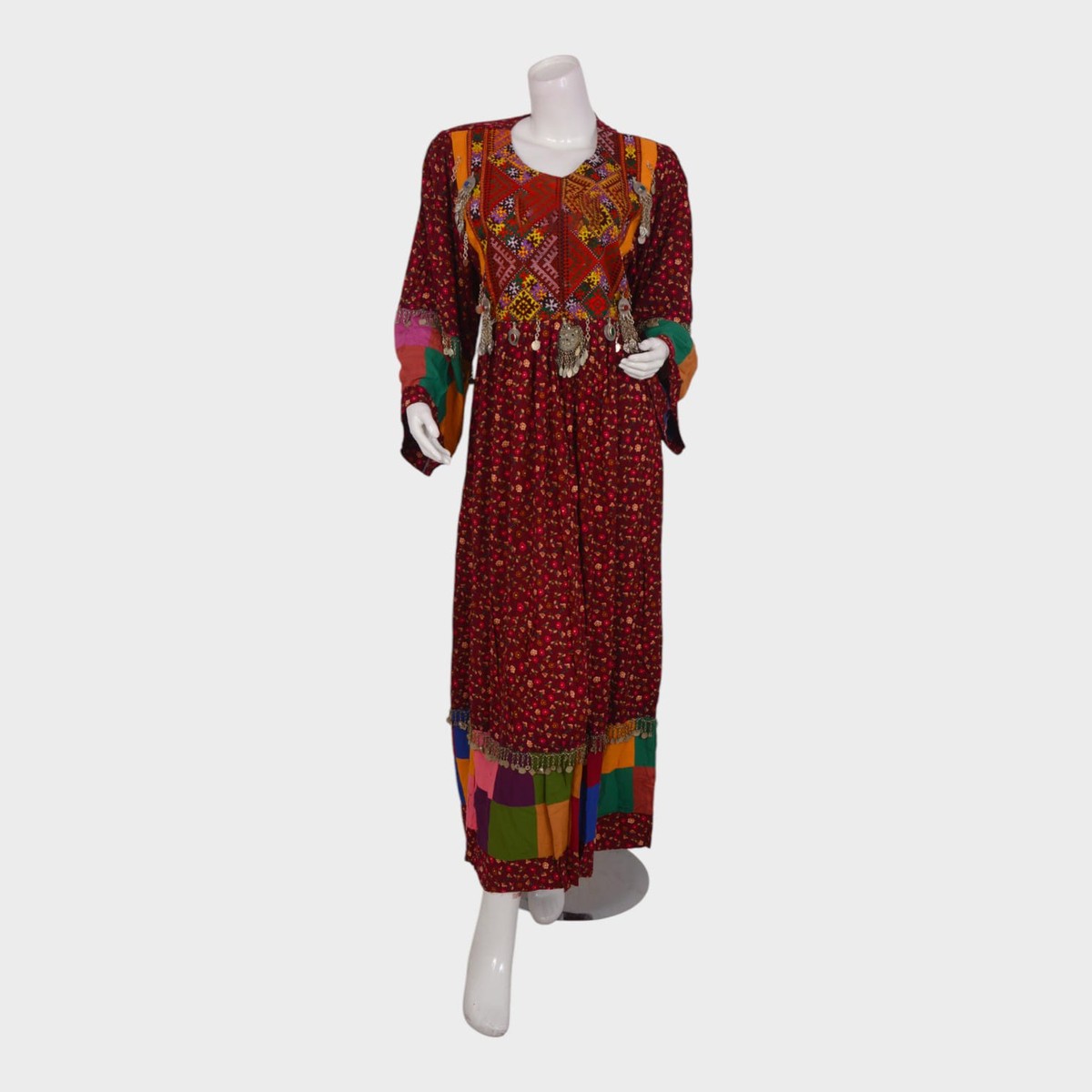 Bohemian Red Afghani Dress with Patchwork Border and Traditional Embroidery 4