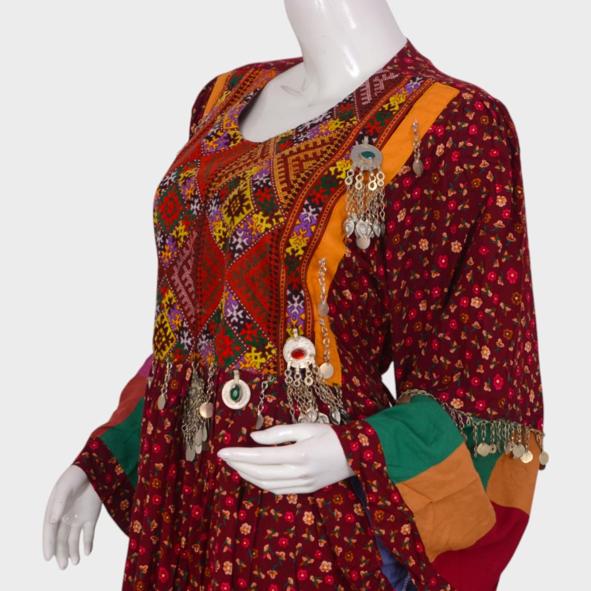 Bohemian Red Afghani Dress with Patchwork Border and Traditional Embroidery 2