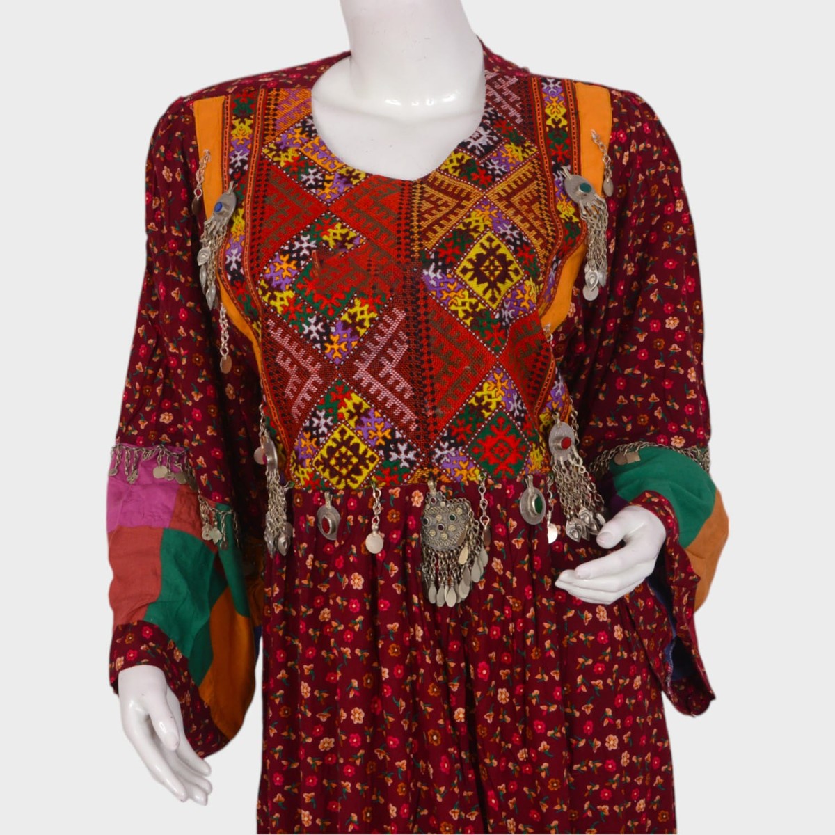 Bohemian Red Afghani Dress with Patchwork Border and Traditional Embroidery 1