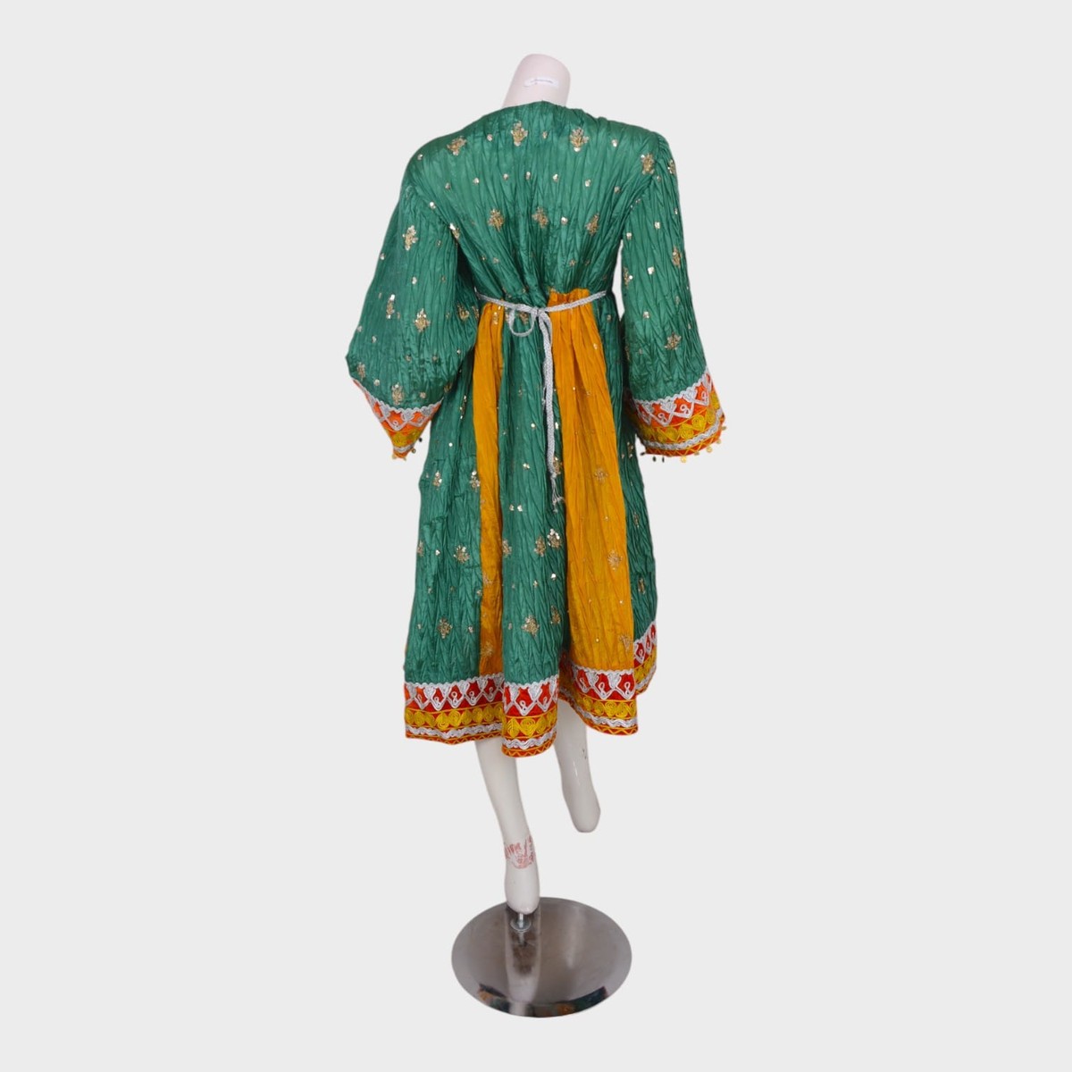 Green & Yellow Traditional Afghani Dress with Embellished Panels and Mirror Accents 1