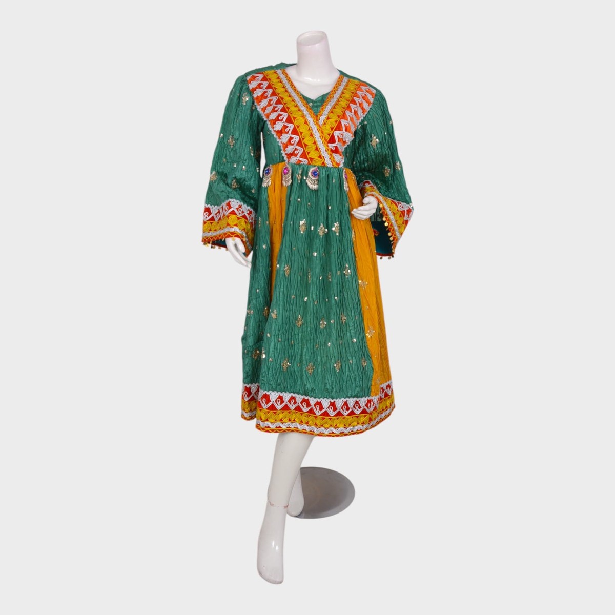 Green & Yellow Traditional Afghani Dress with Embellished Panels and Mirror Accents 2
