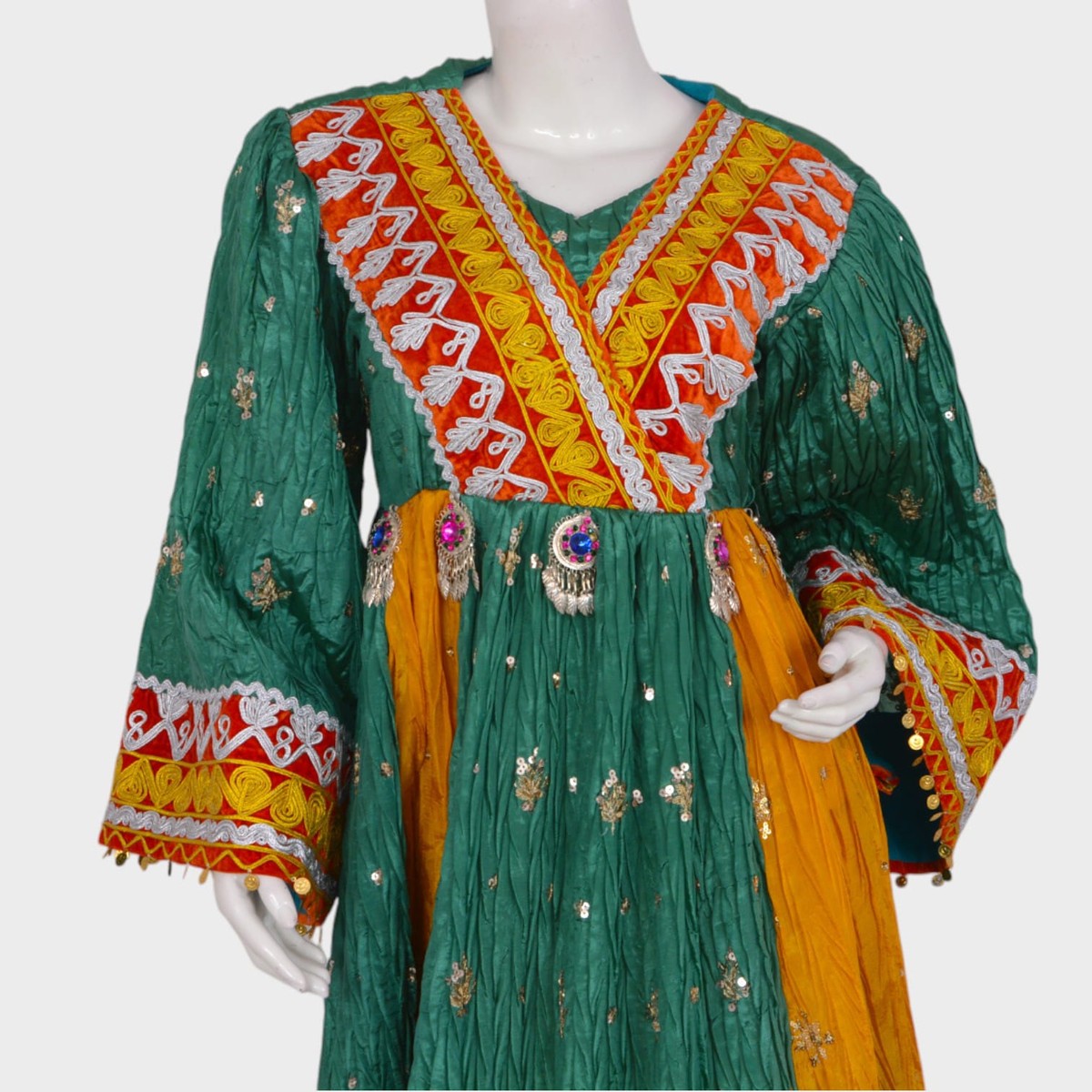 Green & Yellow Traditional Afghani Dress with Embellished Panels and Mirror Accents 4