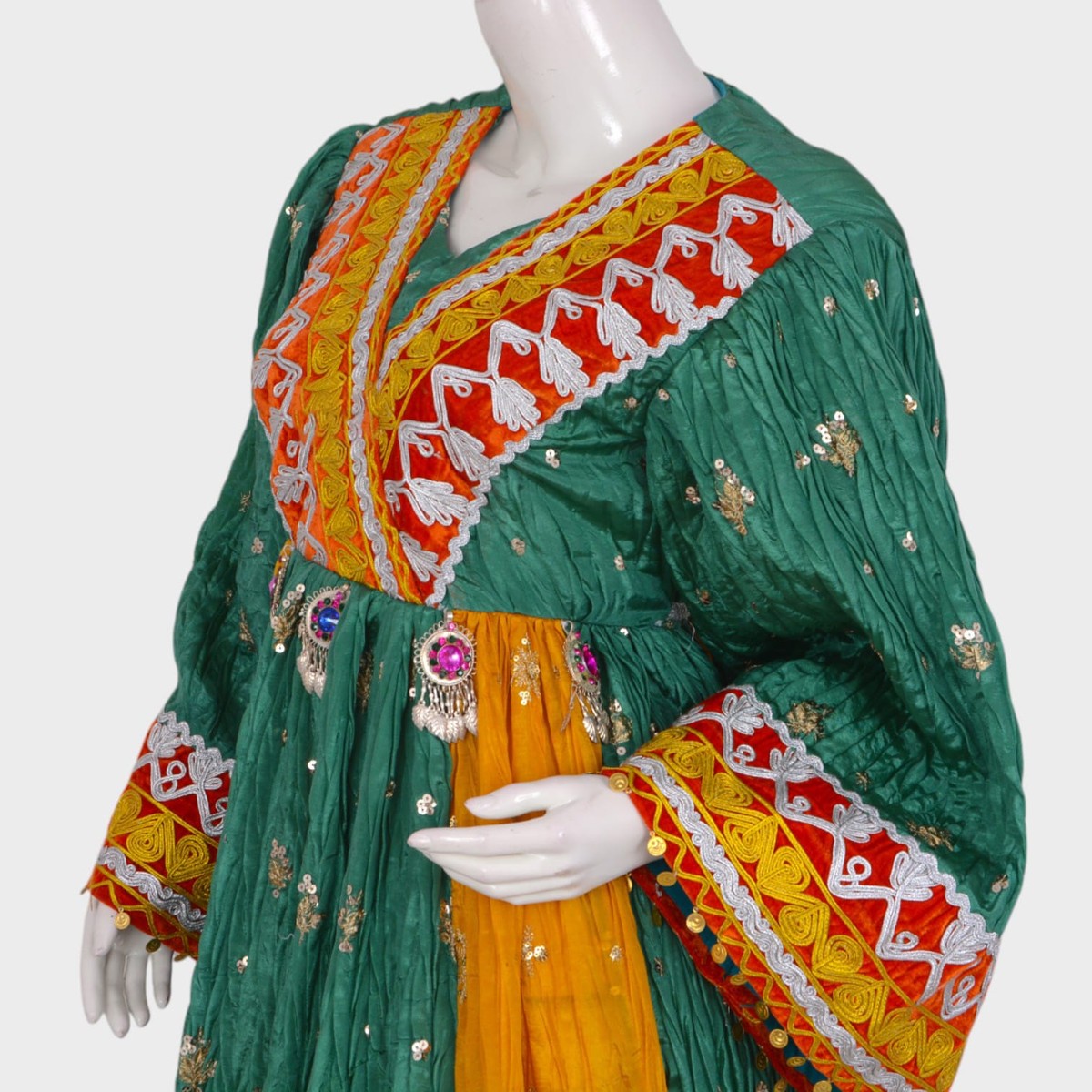 Green & Yellow Traditional Afghani Dress with Embellished Panels and Mirror Accents 3