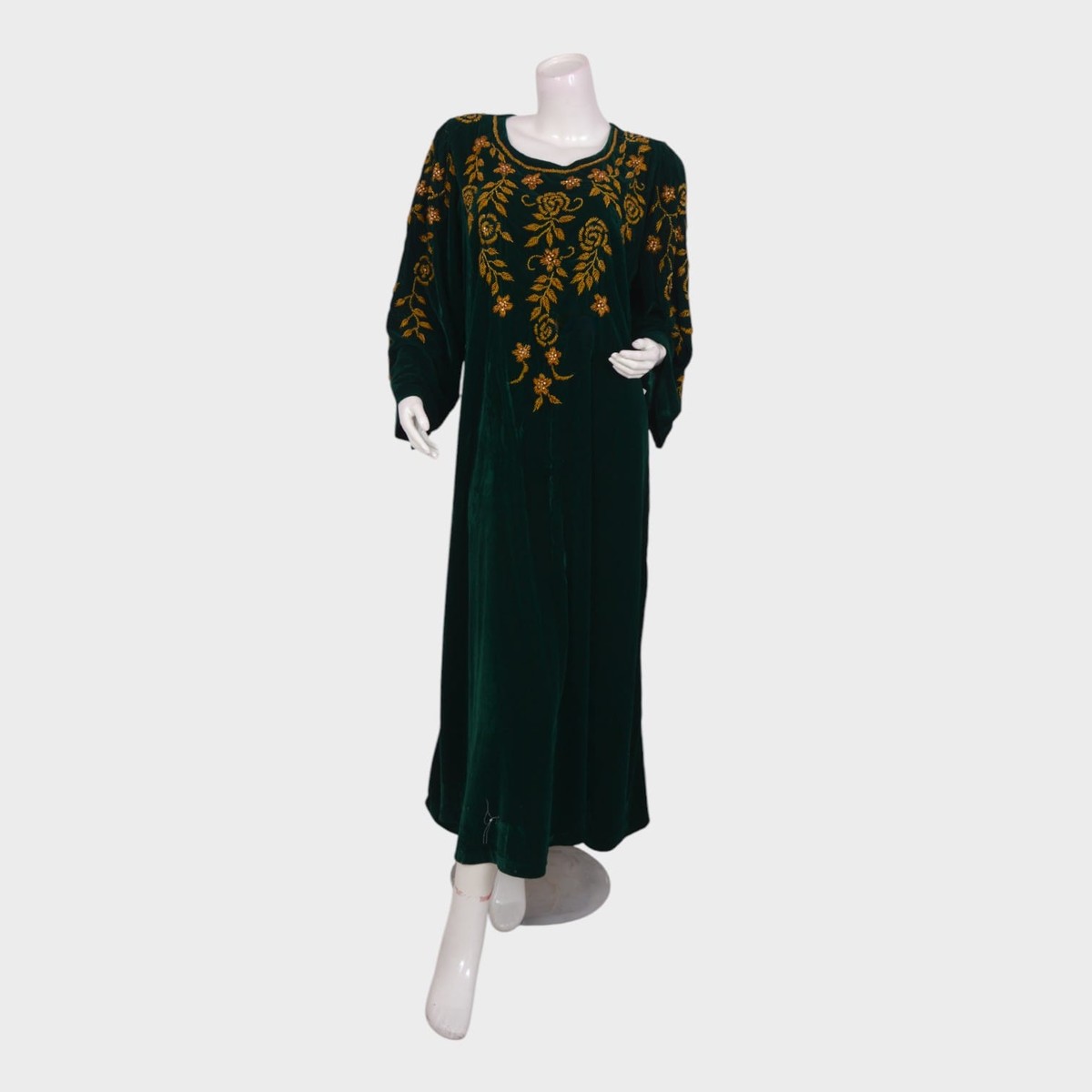 Emerald Green Velvet Afghani Dress with Golden Floral Embroidery 4