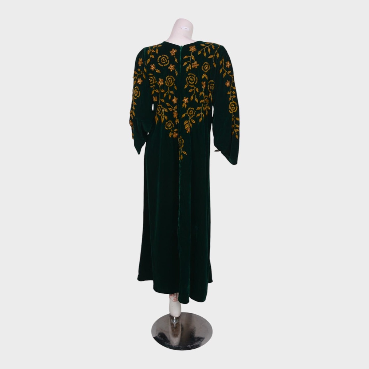 Emerald Green Velvet Afghani Dress with Golden Floral Embroidery 2
