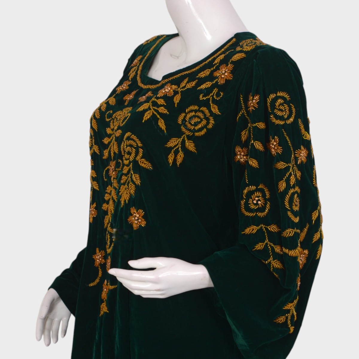 Emerald Green Velvet Afghani Dress with Golden Floral Embroidery 1