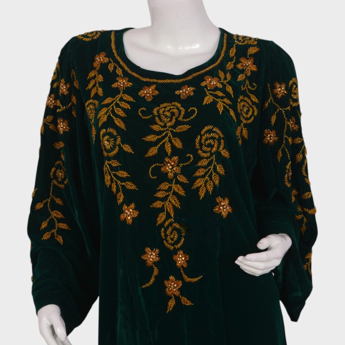 Emerald Green Velvet Afghani Dress with Golden Floral Embroidery 3