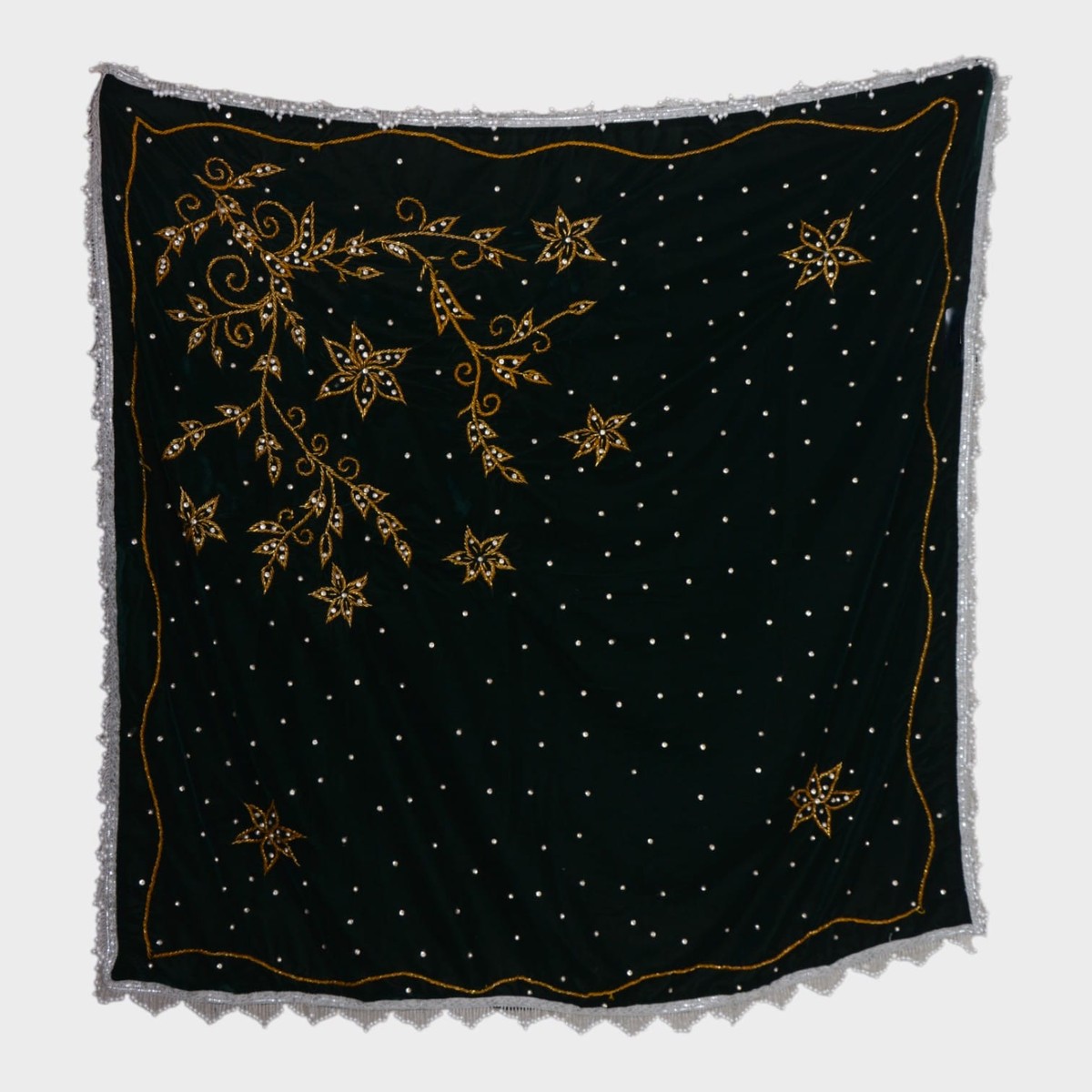 Black Velvet Afghani Shawl with Gold Floral Embroidery and Mirror Accents 2