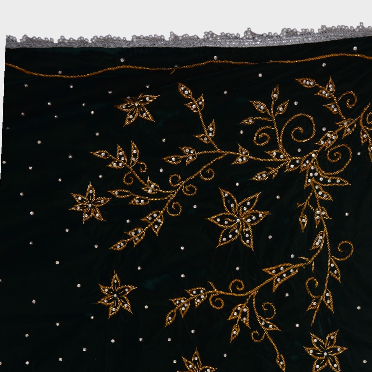 Black Velvet Afghani Shawl with Gold Floral Embroidery and Mirror Accents 1