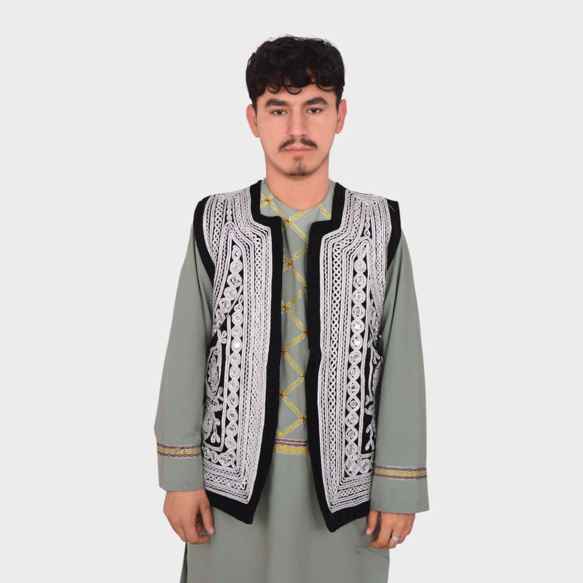 Traditional Afghani Men’s Waiscoat with White Embroidery on Black Velvet 1
