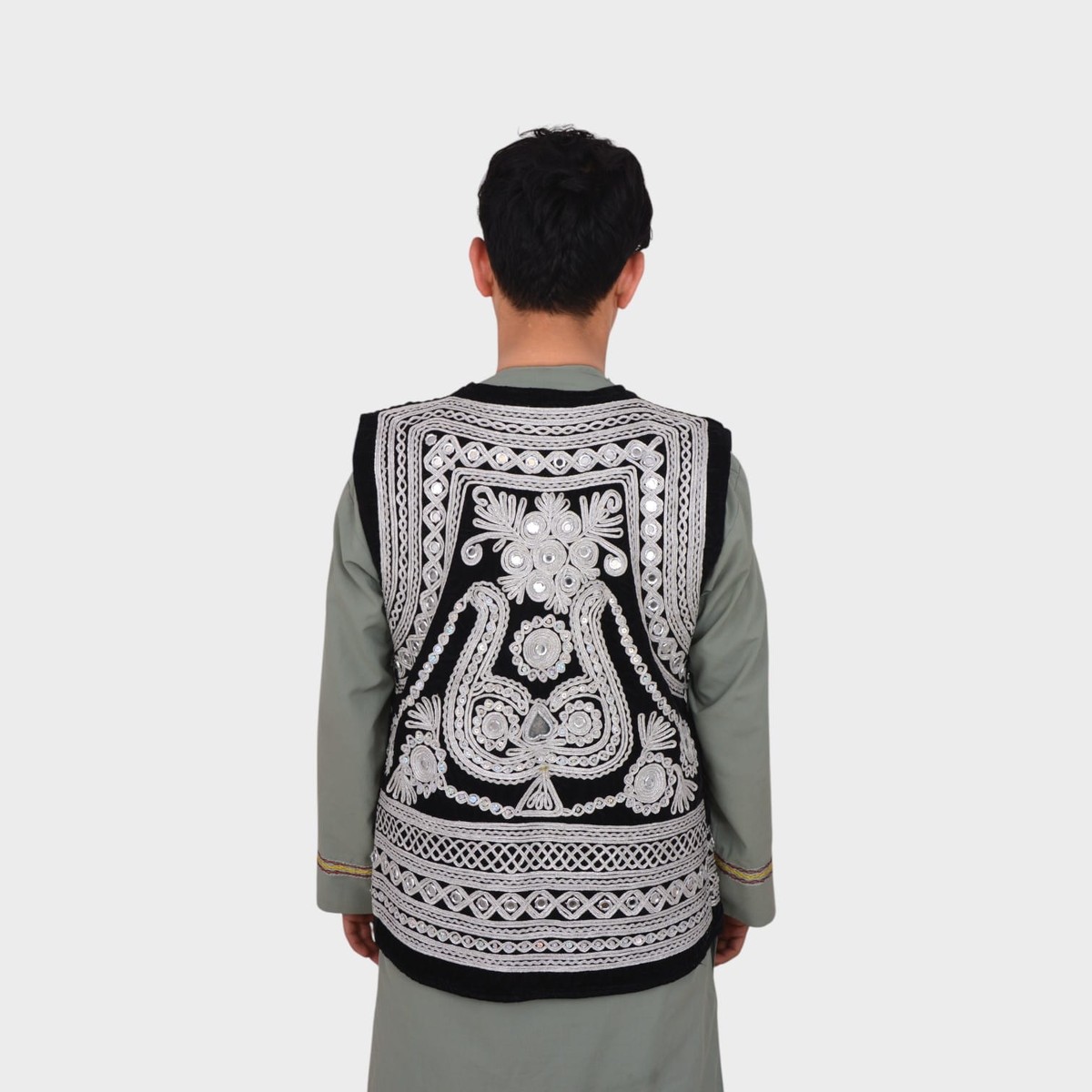 Traditional Afghani Men’s Waiscoat with White Embroidery on Black Velvet 4