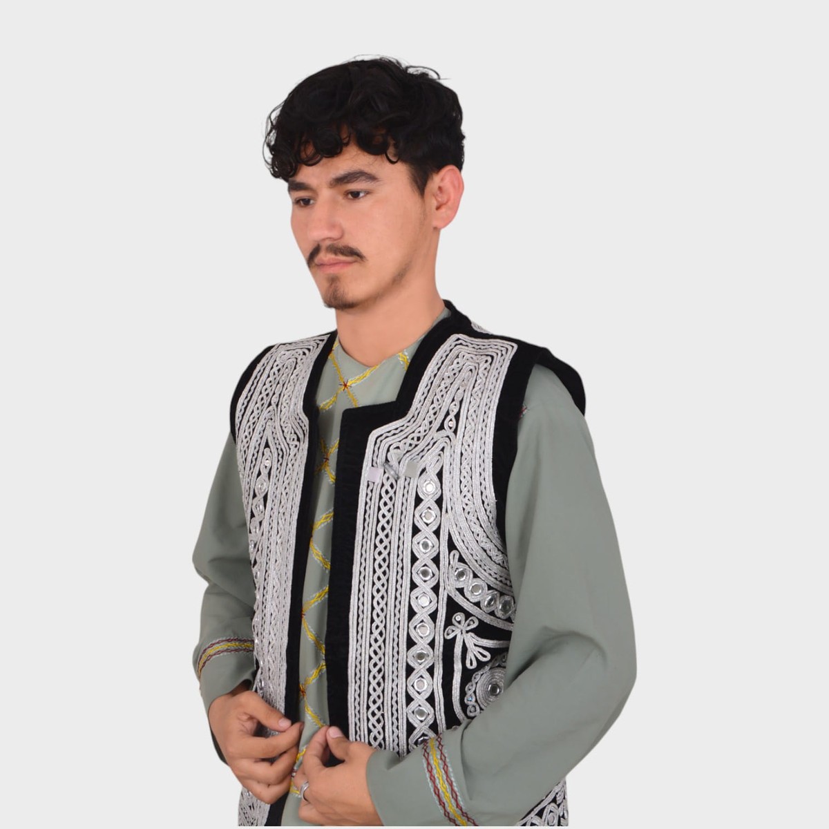 Traditional Afghani Men’s Waiscoat with White Embroidery on Black Velvet 3