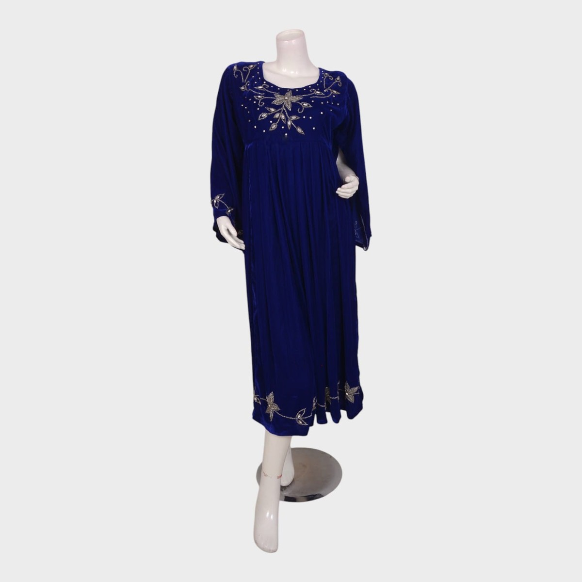 Royal Blue Velvet Afghani Dress with Silver Embroidered Floral Motifs 4