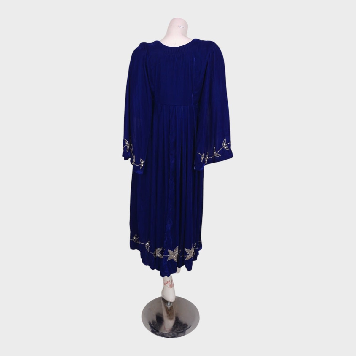 Royal Blue Velvet Afghani Dress with Silver Embroidered Floral Motifs 1