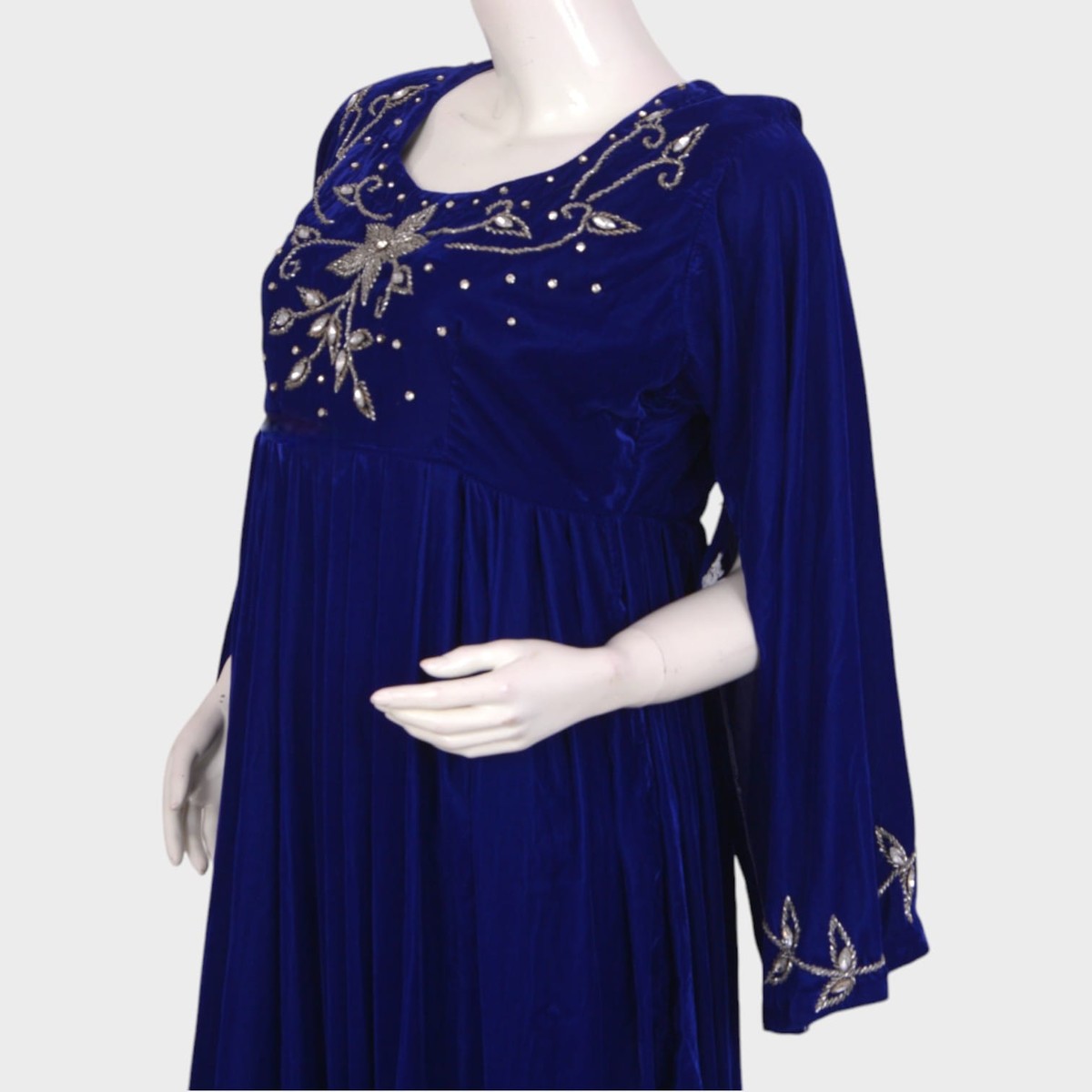 Royal Blue Velvet Afghani Dress with Silver Embroidered Floral Motifs 3