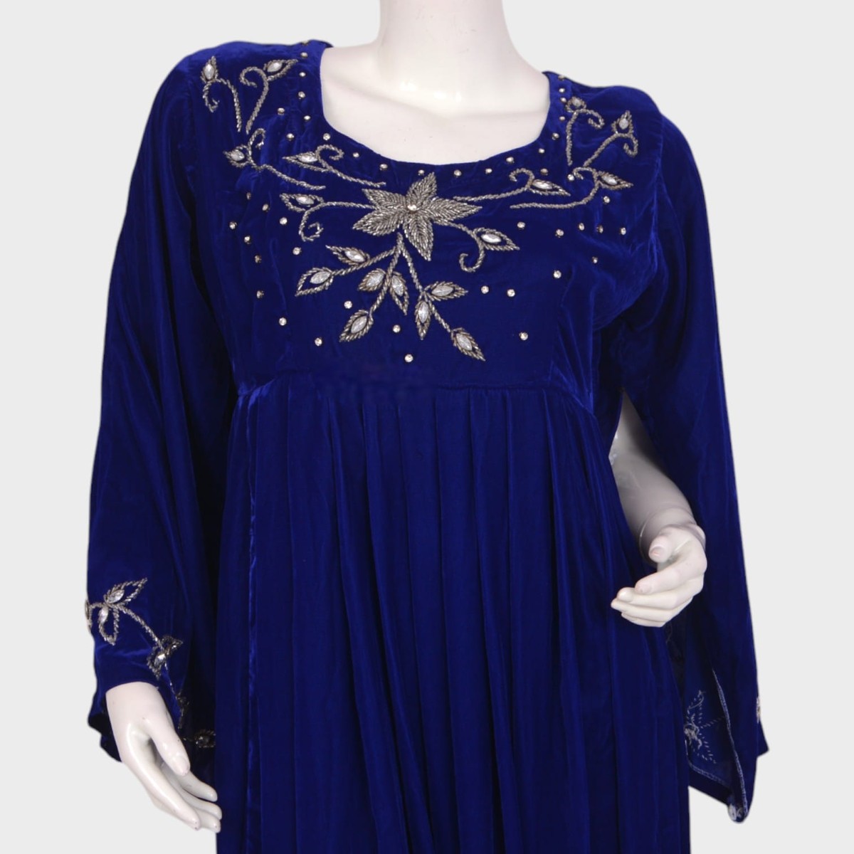 Royal Blue Velvet Afghani Dress with Silver Embroidered Floral Motifs 2