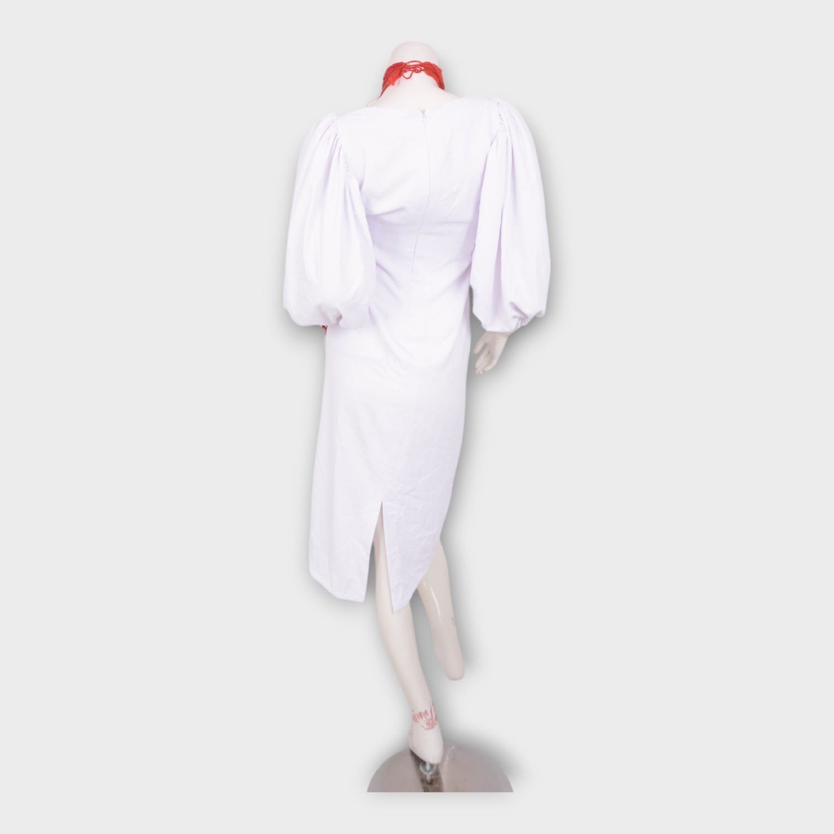 Embroidered White Cotton Dress with Red Geometric Detailing 4