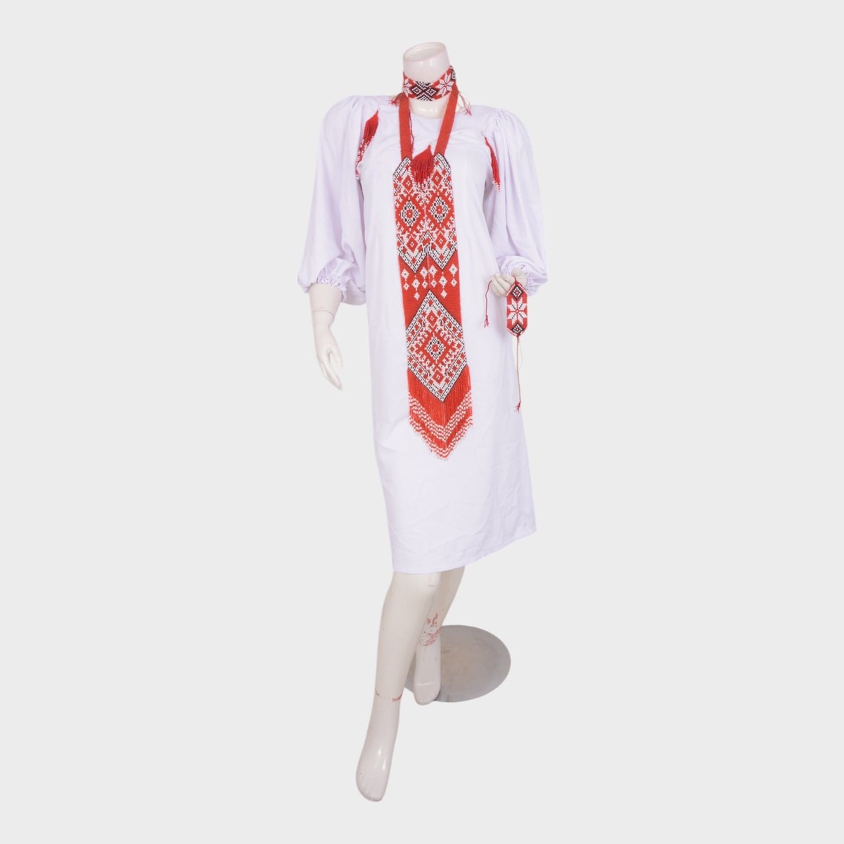 Embroidered White Cotton Dress with Red Geometric Detailing 2