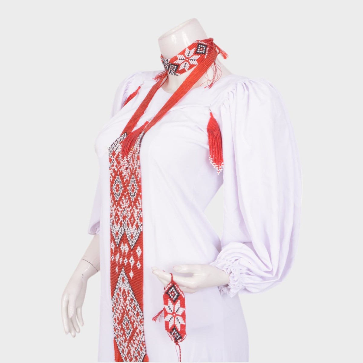 Embroidered White Cotton Dress with Red Geometric Detailing 3