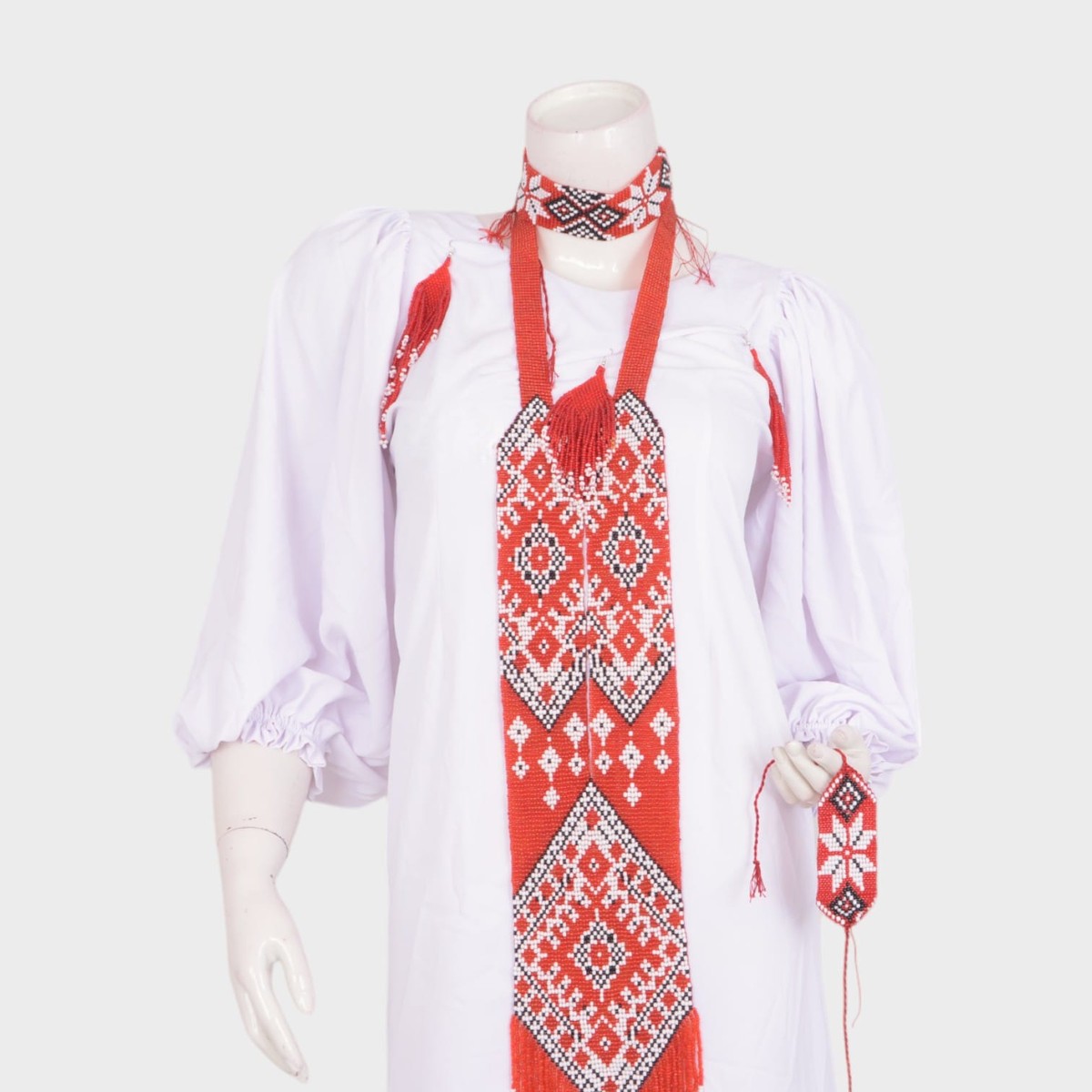 Embroidered White Cotton Dress with Red Geometric Detailing 1