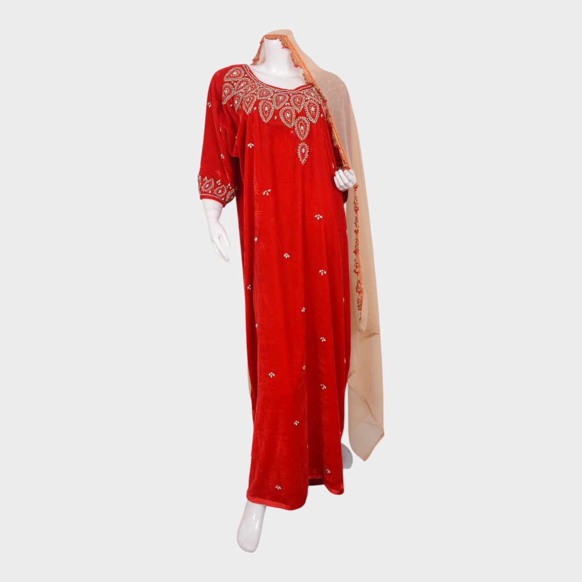 Embroidered Red Velvet Maxi Dress 1