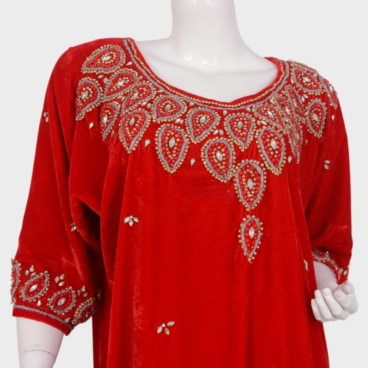 Embroidered Red Velvet Maxi Dress 3