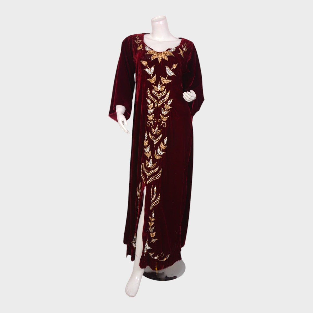 Maroon Velvet Embroidered Long Dress with Gold Detailing 4