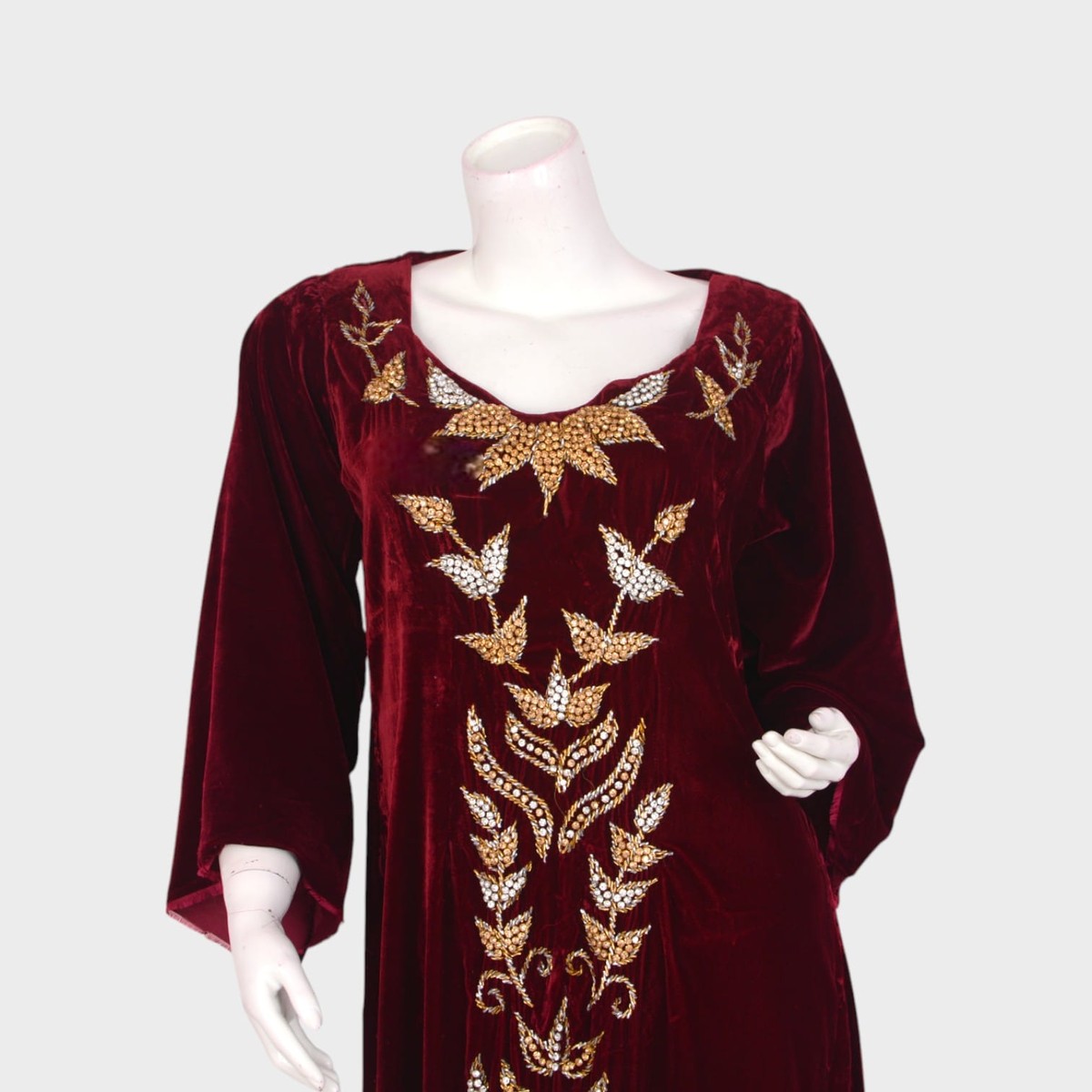 Maroon Velvet Embroidered Long Dress with Gold Detailing 1