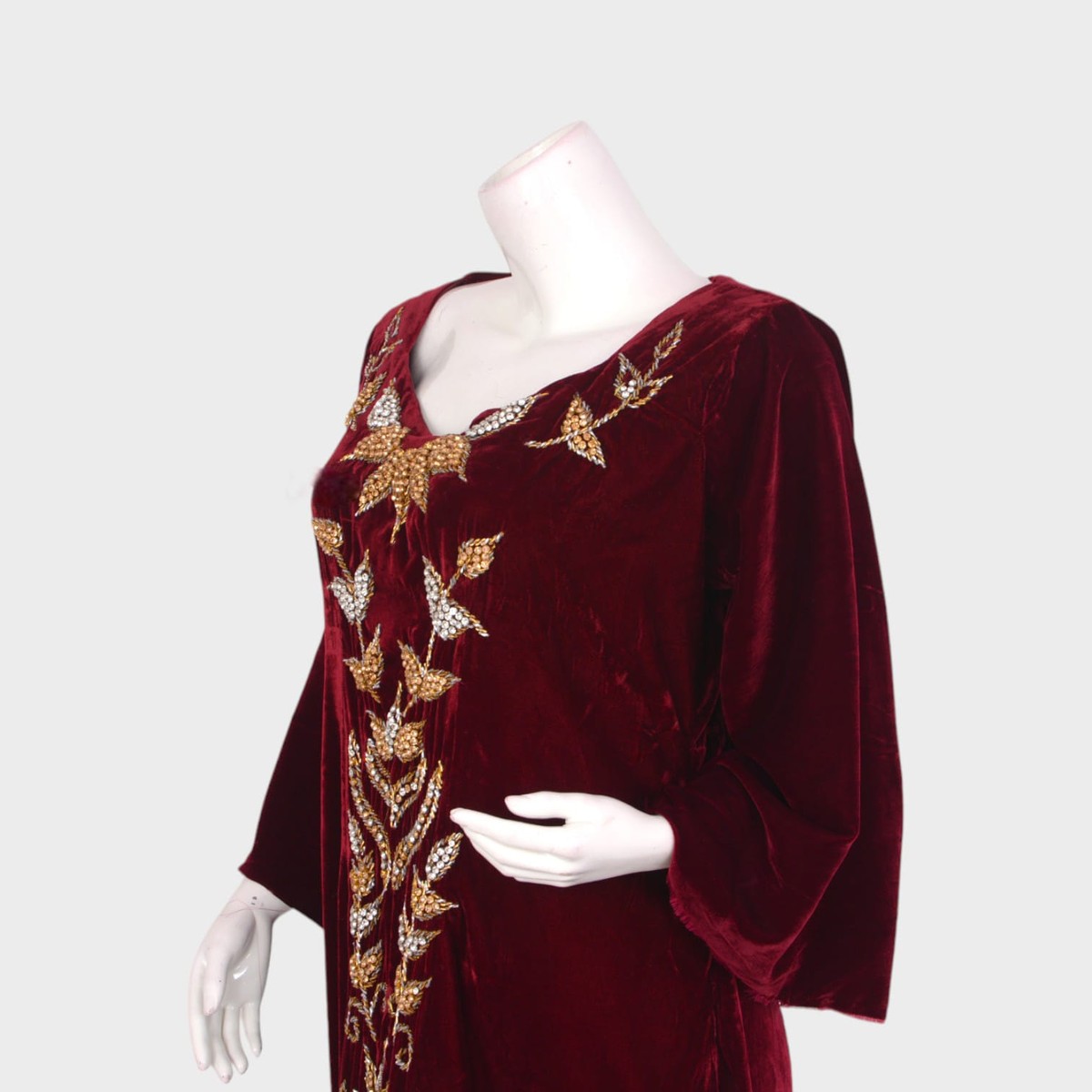 Maroon Velvet Embroidered Long Dress with Gold Detailing 3