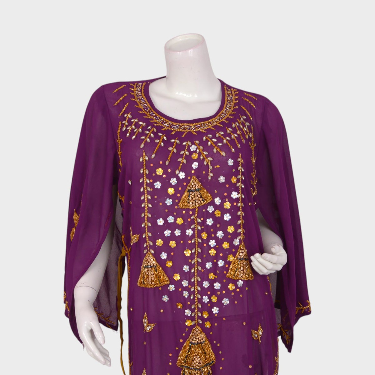 Purple Chiffon Long Dress with Golden Embroidery 3