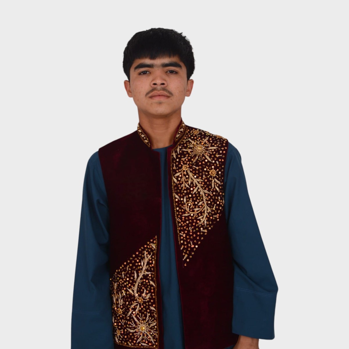 Sultan Charm – Embroidered Maroon Velvet Vest for Men 1