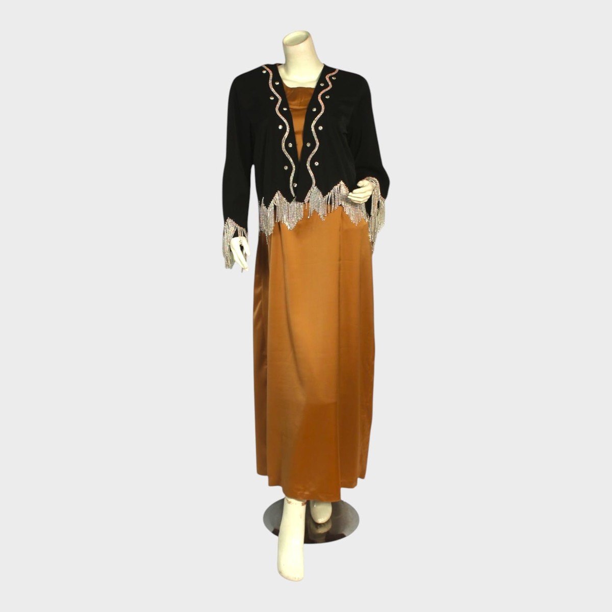 Golden Ember Satin Dress with Beaded Black Shrug 1