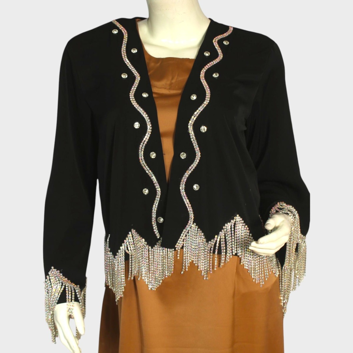 Golden Ember Satin Dress with Beaded Black Shrug 3