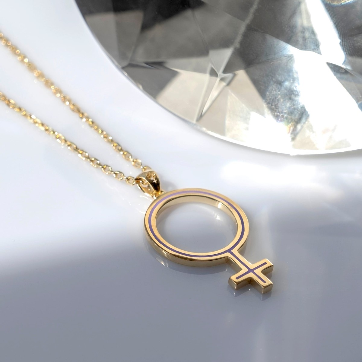 Venus Symbol Necklace - Sterling Silver Female Symbol Pendant - Purple Black Enamel - Custom Chain Length & Plating 2