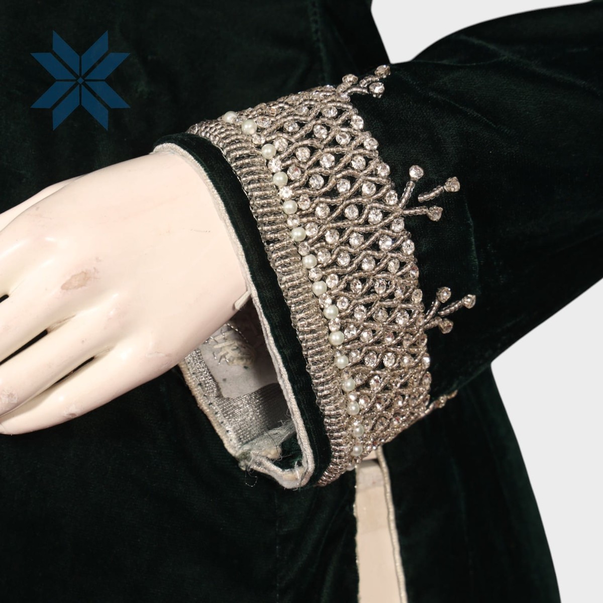 Zareen Velvet Formal Dress  Emerald Green with Silver Embroidery | Aseel