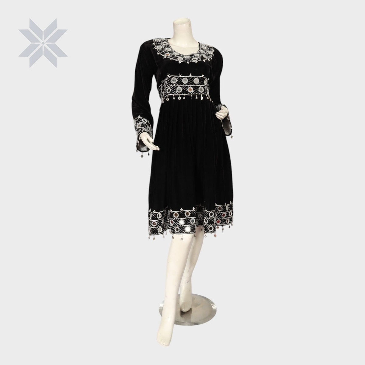 Ziba Velvet Mirror Dress – Black & White Embroidery Elegance 4