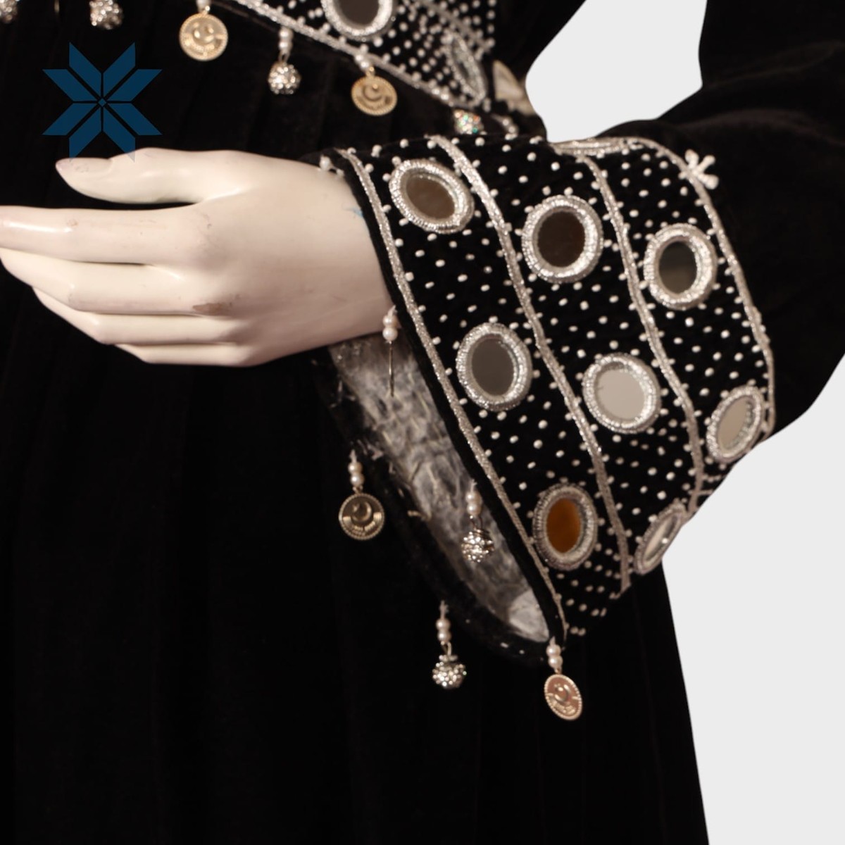 Ziba Velvet Mirror Dress – Black & White Embroidery Elegance 2