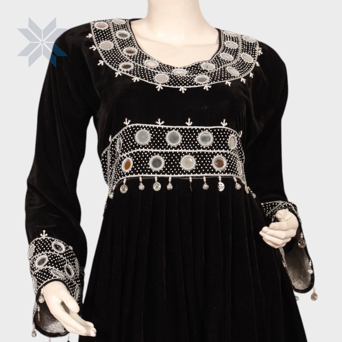 Ziba Velvet Mirror Dress – Black & White Embroidery Elegance 3