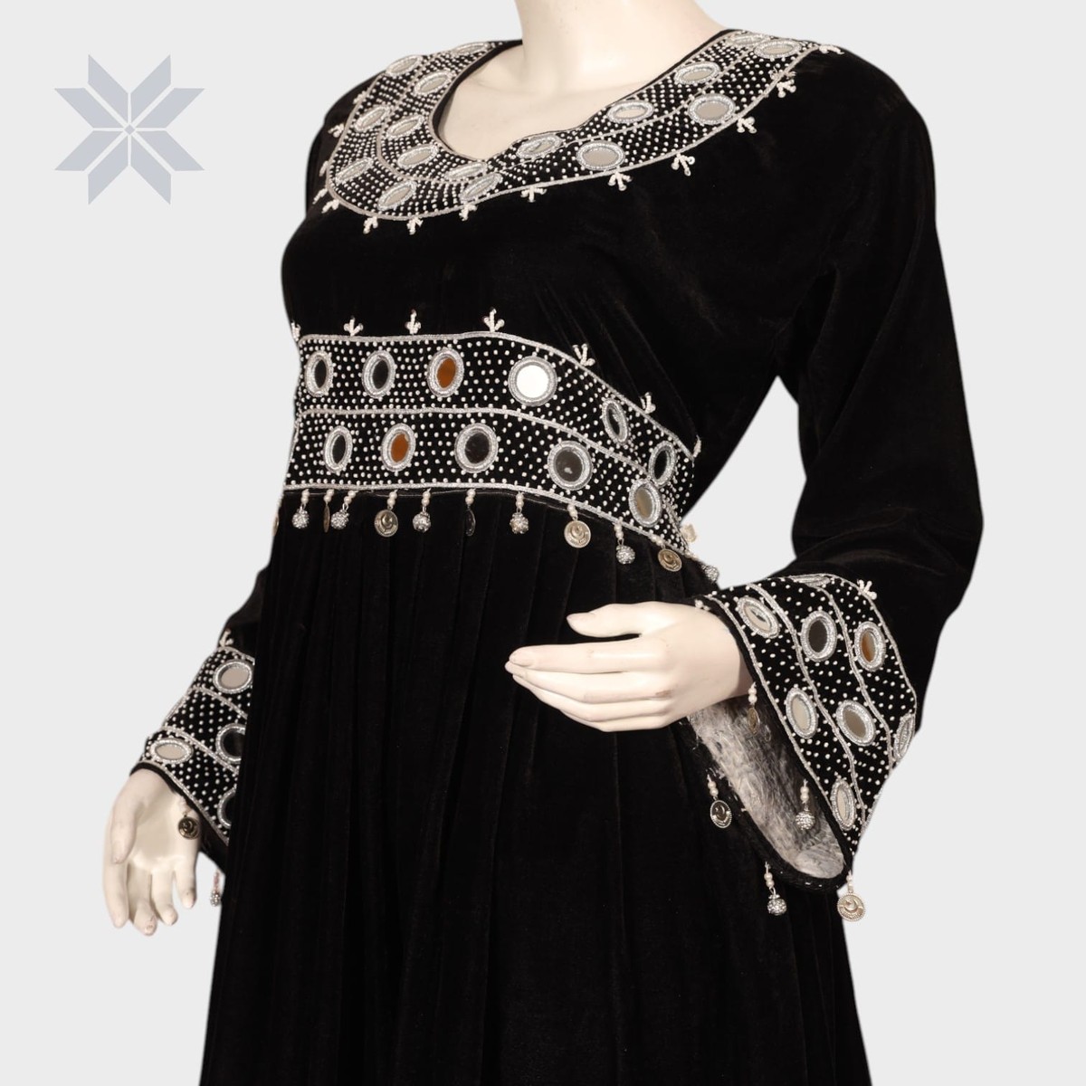 Ziba Velvet Mirror Dress – Black & White Embroidery Elegance 1