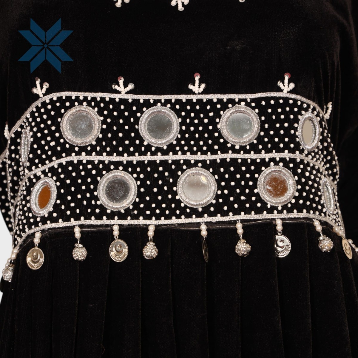 Ziba Velvet Mirror Dress – Black & White Embroidery Elegance 5