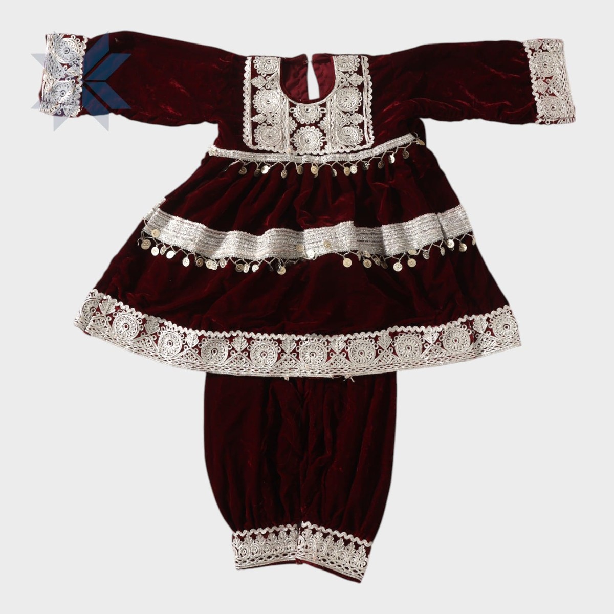 Lalzada Baby Velvet Dress – Maroon with Silver Embroidery 3