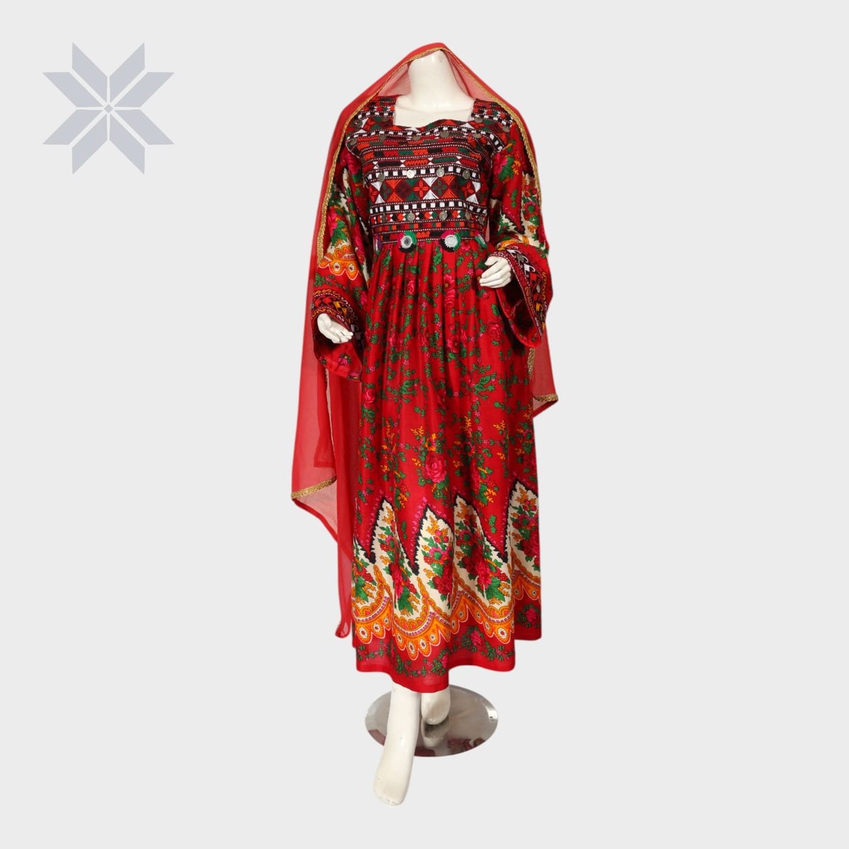 Red Floral Embroidered Traditional Afghani Dress 1