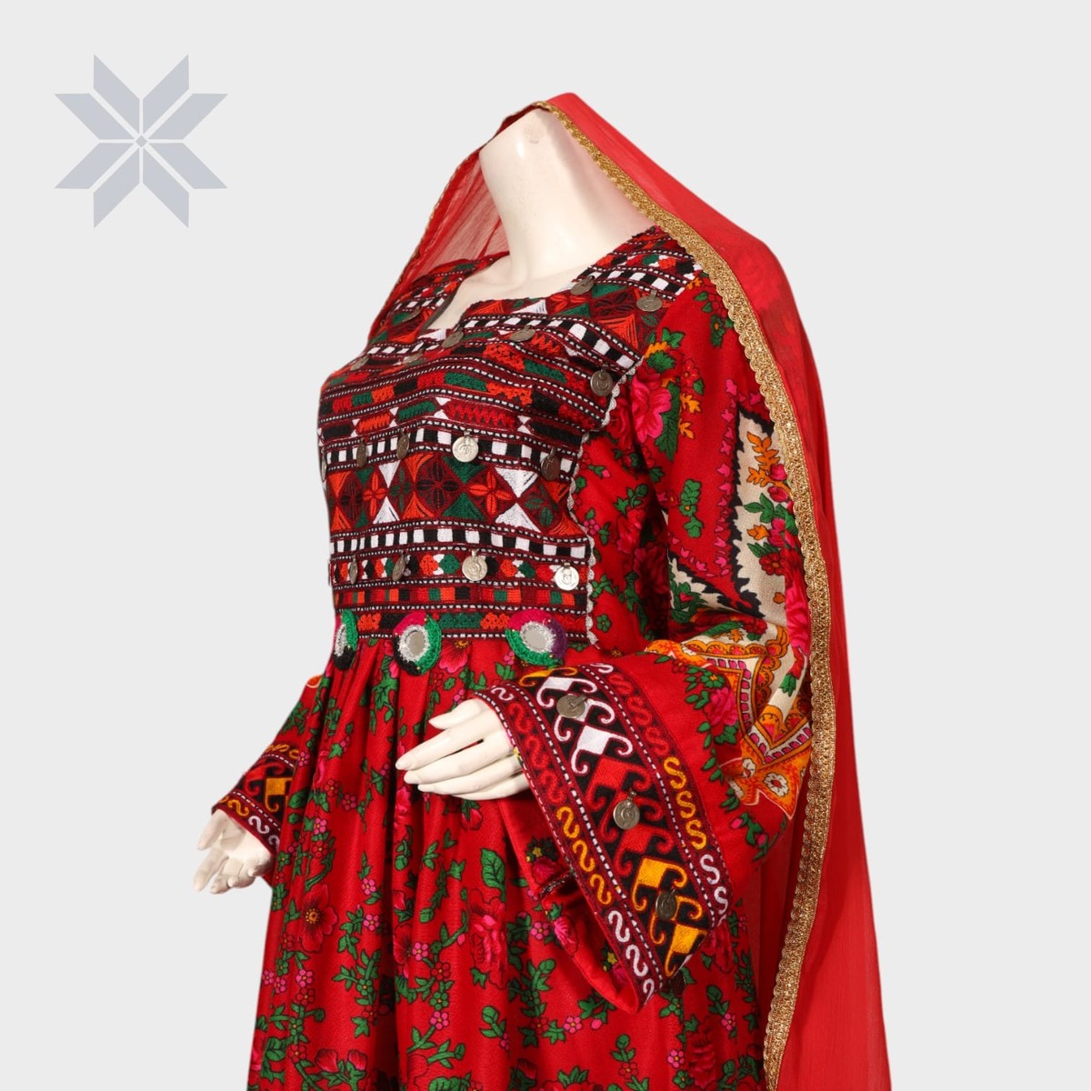 Red Floral Embroidered Traditional Afghani Dress 4