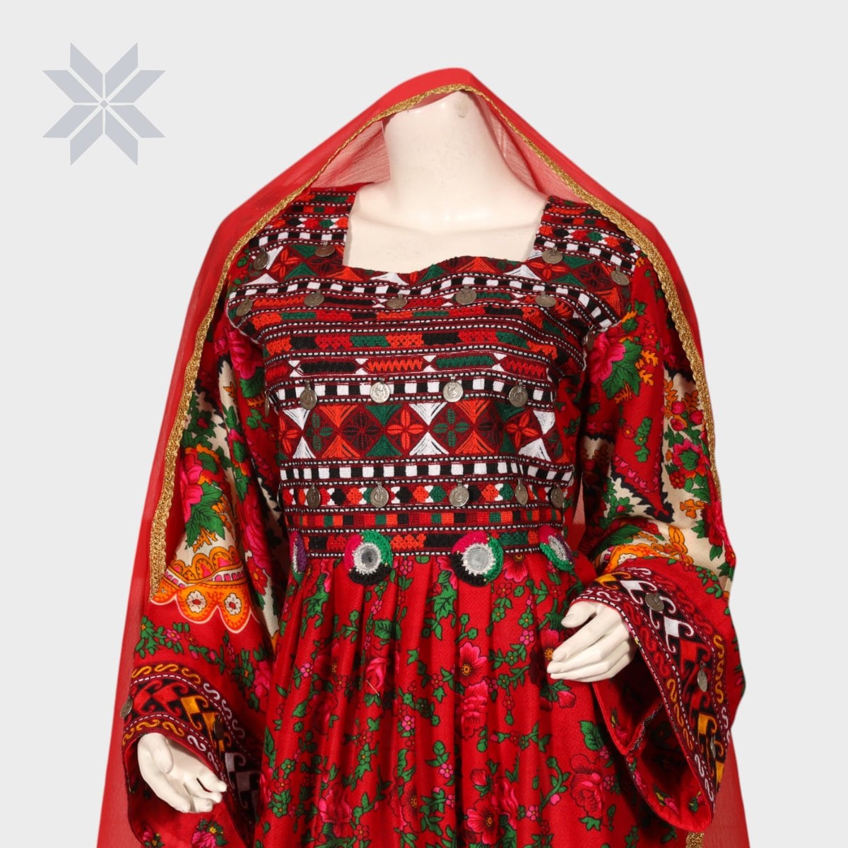 Red Floral Embroidered Traditional Afghani Dress 5